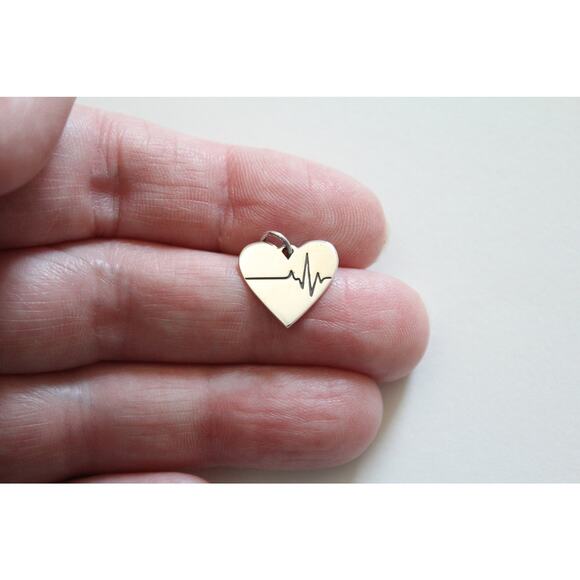 Sterling Silver Heart Heartbeat Charm, Silver Heart Heartbeat Pendant - Picture 1 of 2